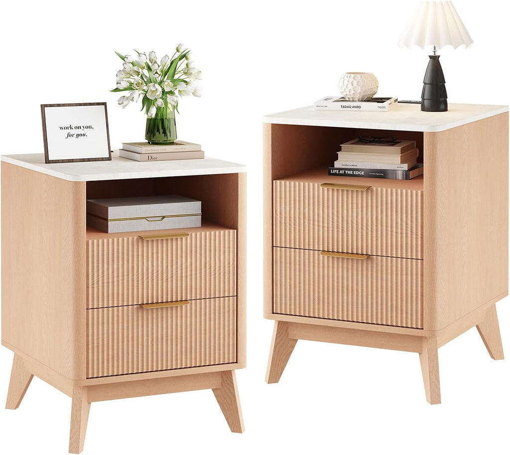 DUMOS Nightstand with Built-in Charging Station Set of 2, 18" Bedside Table with Faux Marble Top, Fluted Solid Wood End Table with 2 Drawers, Modern Compact Night Stand for Bedroom, Natural Oak
