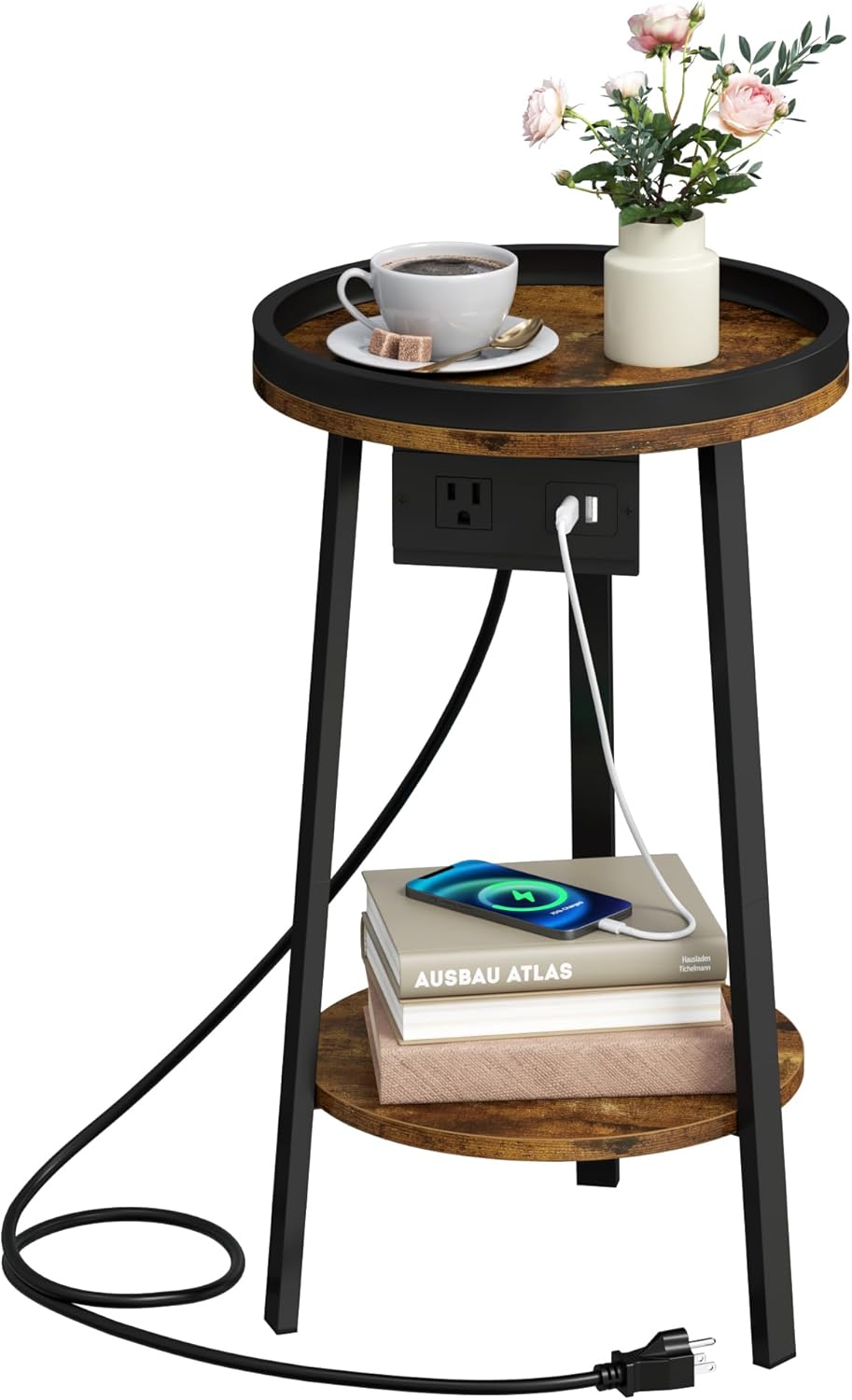 Industrial Round End Table with Charging Station,2-Tier Side Table with AC Outlet & USB Port, Sofa Side Table with Storage Shelf for Small Spaces, Living Room, Bedroom, Rustic Brown & Black