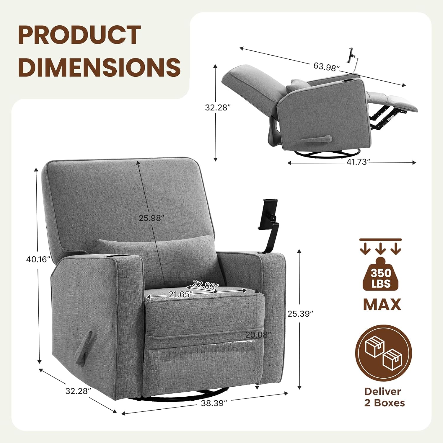 360° Swivel Rocker Recliner Chair with Adjustable Footrest, Rocking Chair Nursery with Phone Stand & Cup Holder,Manual Nursing Chair Glider Recliner Armchair for Adults, Living Room (Grey)