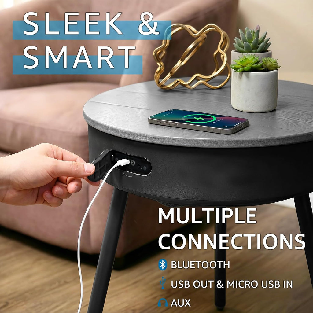 Smart Round Side Table with Charging and Smart Round Coffee Table - in Sound System, Modern Bedside Table for Nursery and Bedroom, Nightstands with Charging Station