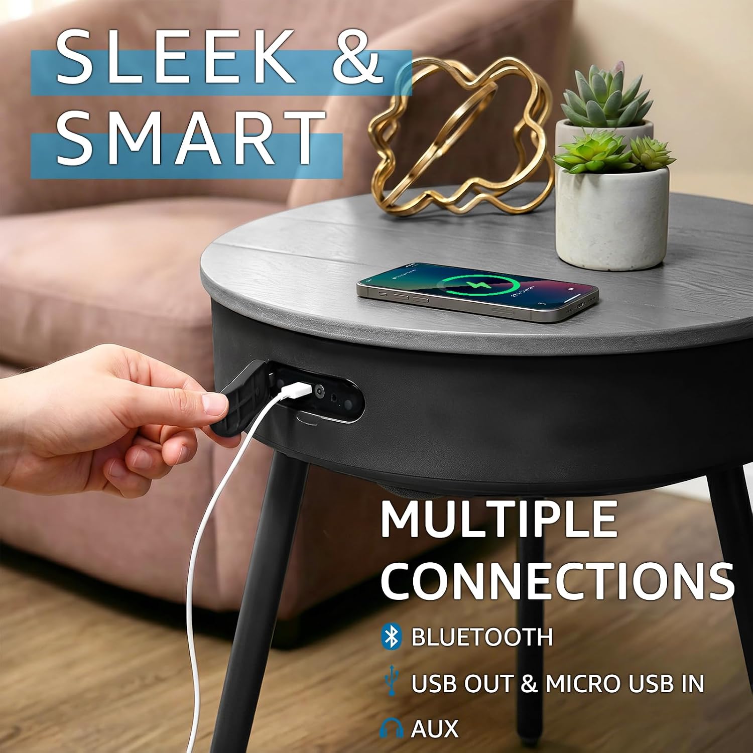 Smart Round Side Table with Charging and Smart Round Coffee Table - in Sound System, Modern Bedside Table for Nursery and Bedroom, Nightstands with Charging Station