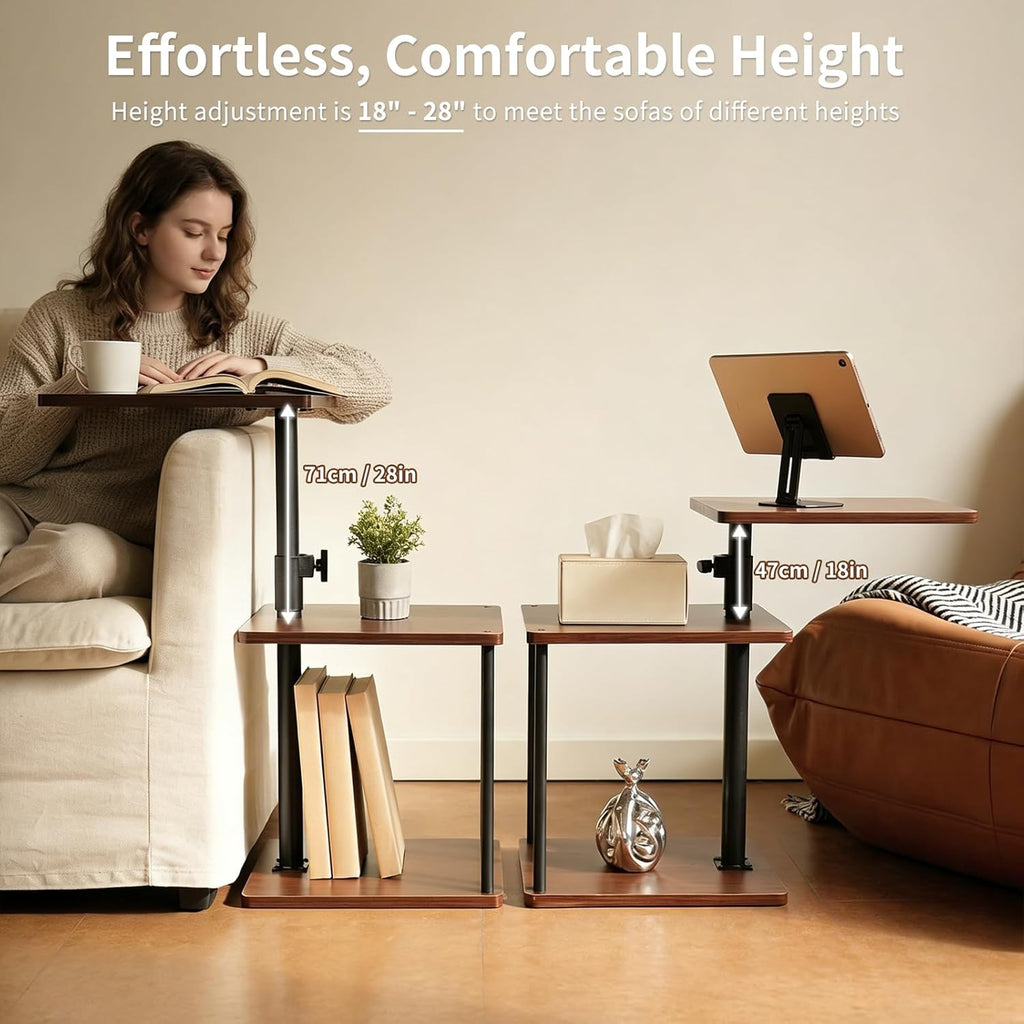Modern Farmhouse Rolling Side Table with Wheel for Living Room, Adjustable Height Swivel End Table for Different Seating Types, Ideal for Couch, Sofa, Recliner and Living Room, Walnut-Look