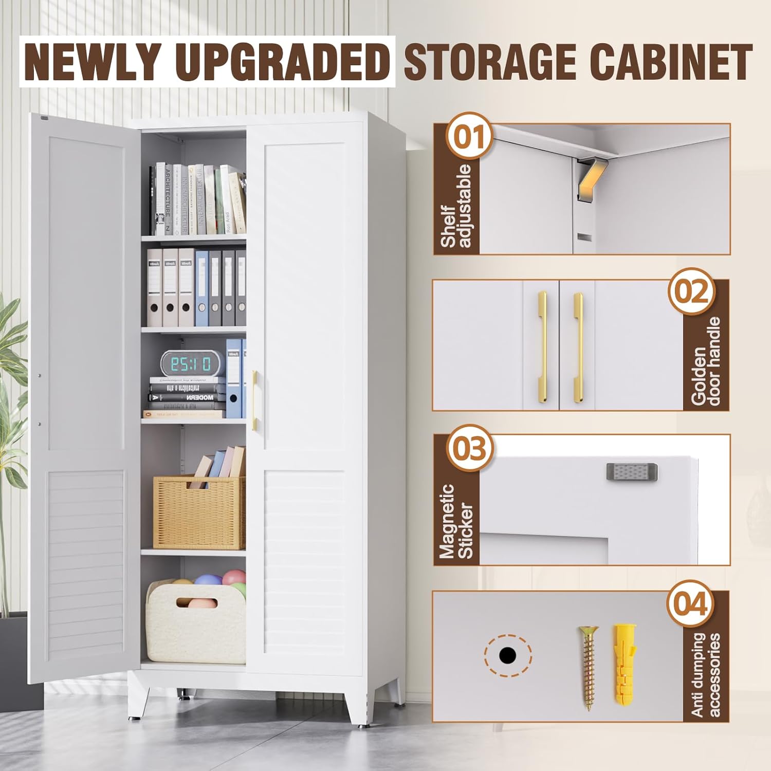 47''Storage Cabinet ,Pantry Cabinet with Doors and Shelves,Tall Kitchen Pantry Cabinet, White Metal KitchenStorage Cabinets, Freestanding Cupboard for Laundry Bathroom Living Room, Assemble Required