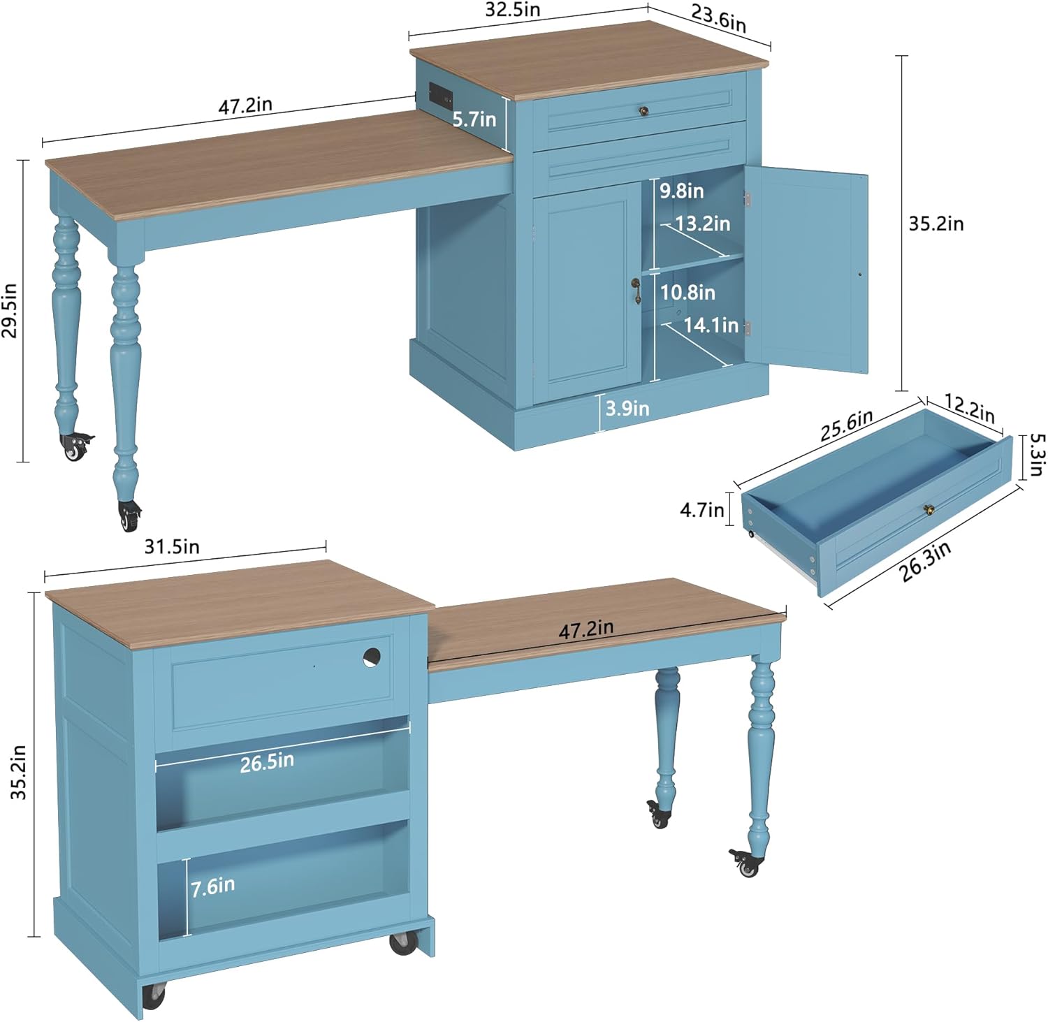 HLR 72" Kitchen Island with Extendable Table for 2-4, Island Table for Kitchen with Power Outlet and Storage Slide Out Legs, Rolling Islands Cart with 2 Doors (Blue)
