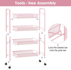 TOOLF 4 Tier Rolling Utility Cart - Durable Metal Design Pink Utility Cart, Storage Trolley on Wheels with 3 Hooks, Perfect for Kitchen, Bathroom & Laundry Room Organization