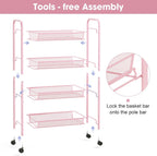 TOOLF 4 Tier Rolling Utility Cart - Durable Metal Design Pink Utility Cart, Storage Trolley on Wheels with 3 Hooks, Perfect for Kitchen, Bathroom & Laundry Room Organization