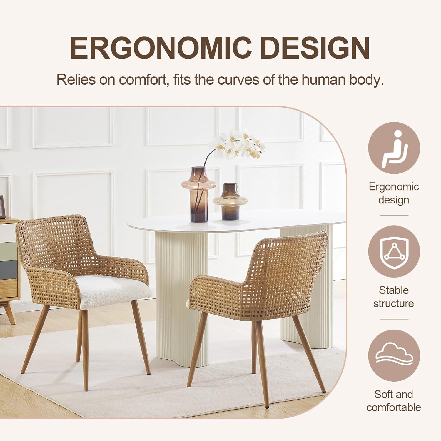 Rattan Dining Chairs Set of 2, Modern Upholstered Boucle Fabric Dining Chairs,Kitchen Room Chairs with Solid Metal Legs and Rattan Back,Brown