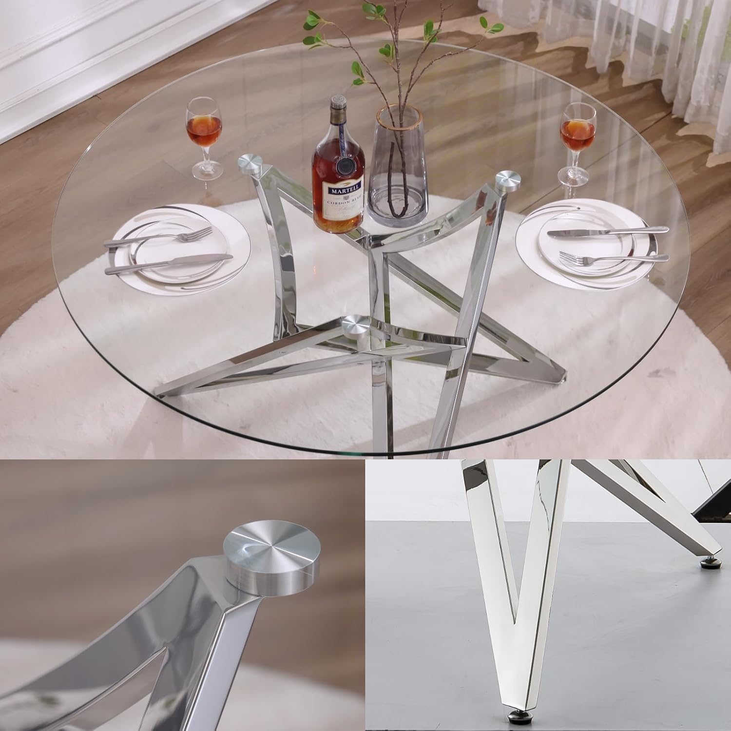 Glass Round Dining Table, 47.2" Modern Round Table with Silver Mirrored Geometric Legs, Gorgeous Clear Circle Table for Kitchen Dining Room, Apartment, Small Spaces