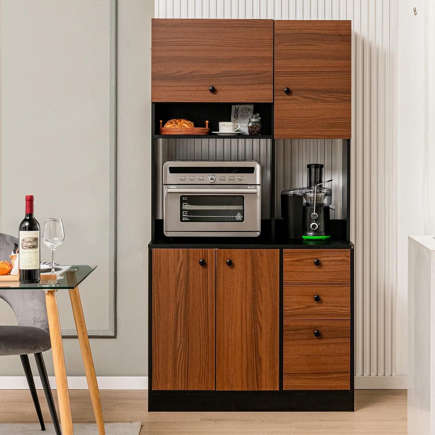 LOKO 71” Tall Kitchen Pantry Storage Cabinet, Freestanding Buffet Hutch with Doors, Adjustable Shelves, 3 Drawers and Microwave Stand, Kitchen Hutch for Dining Room, Living Room (Walnut)