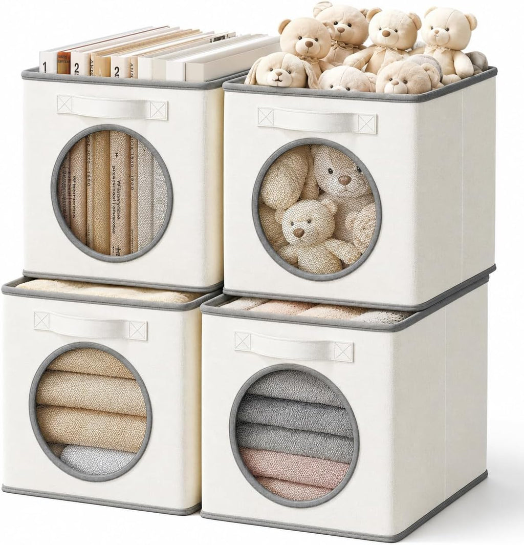 Vailando Ultra Thick Fabric Foldable Storage Cubes with Mesh Window - 11 Inch Cube Storage Organizer for Clothes, Shelves, Offices, Toys & Misc, White & Ivory, 4 Pack