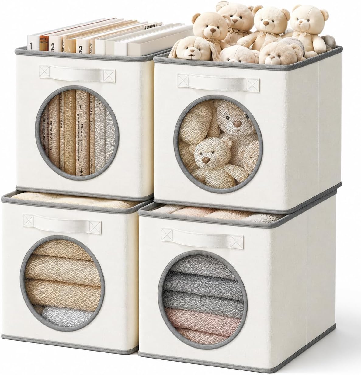 Vailando Ultra Thick Fabric Foldable Storage Cubes with Mesh Window - 11 Inch Cube Storage Organizer for Clothes, Shelves, Offices, Toys & Misc, White & Ivory, 4 Pack