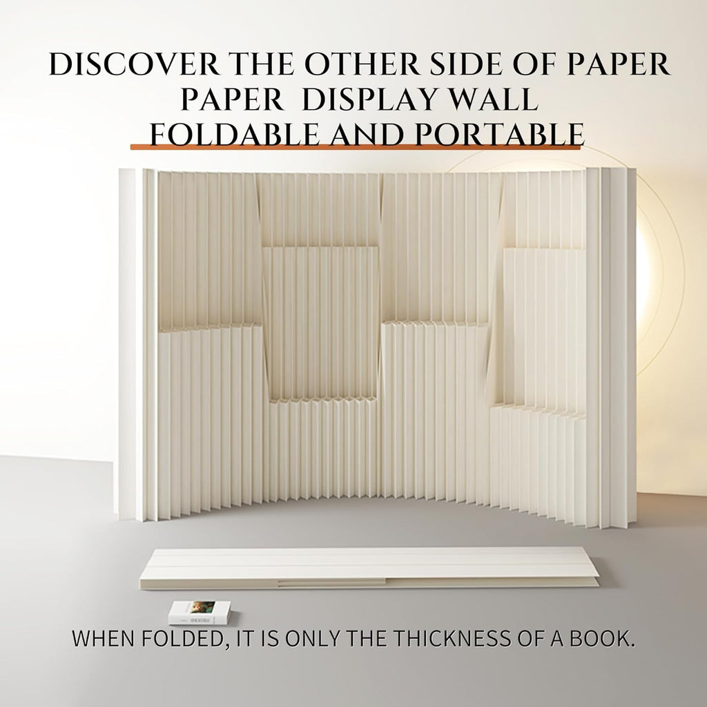 Portable Accordion Paper Room Divider with Storage Shelves, Folding Privacy Screen Partition Wall, Freestanding Room Separator for Office, Studio Apartment, Home, Dorm, Exhibition (13.2'W x 6.6'H)