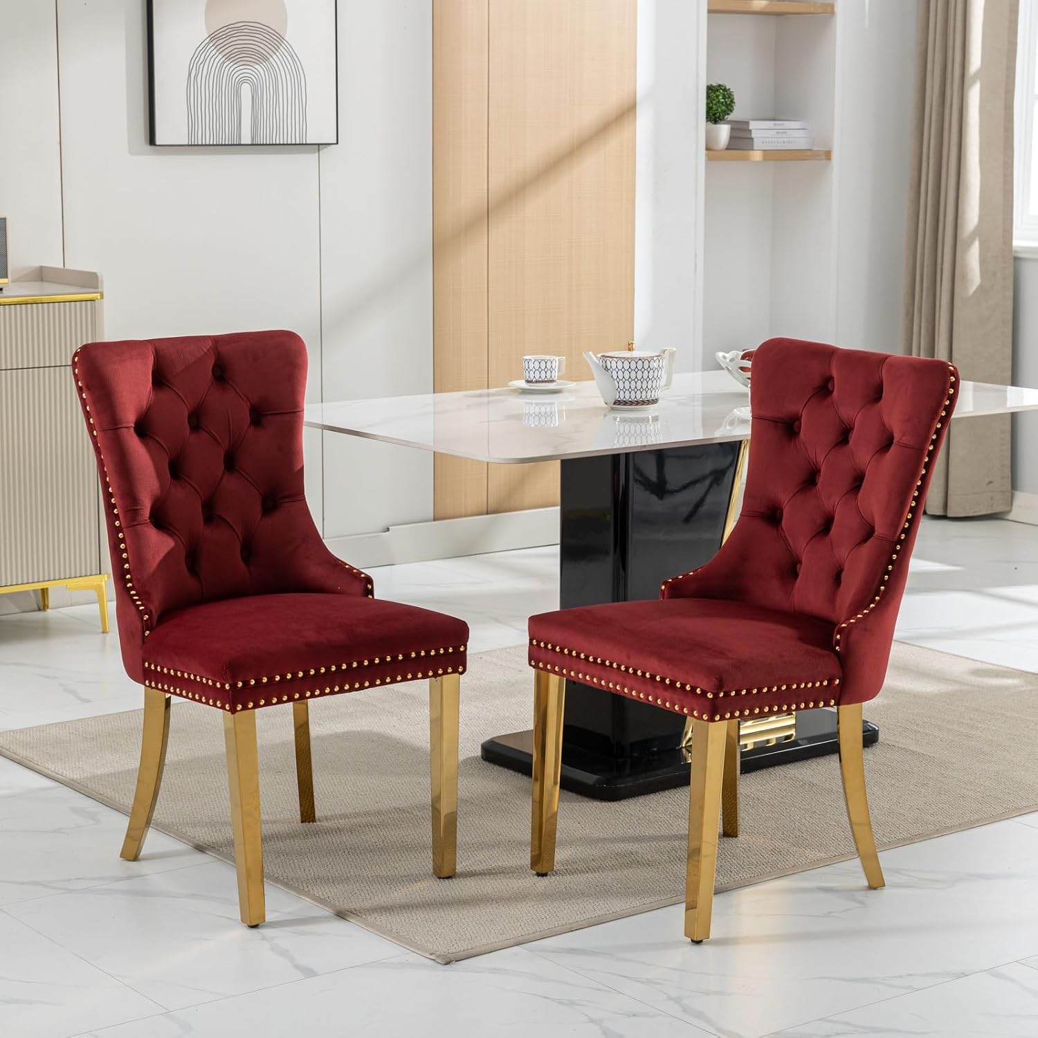 Aoowow Velvet Upholstered Dining Chairs Set of 2, Wingback Armless Side Chairs Button Tufted with Solid Wood Legs for Kitchen Dining Room (Burgundy-Chrome)