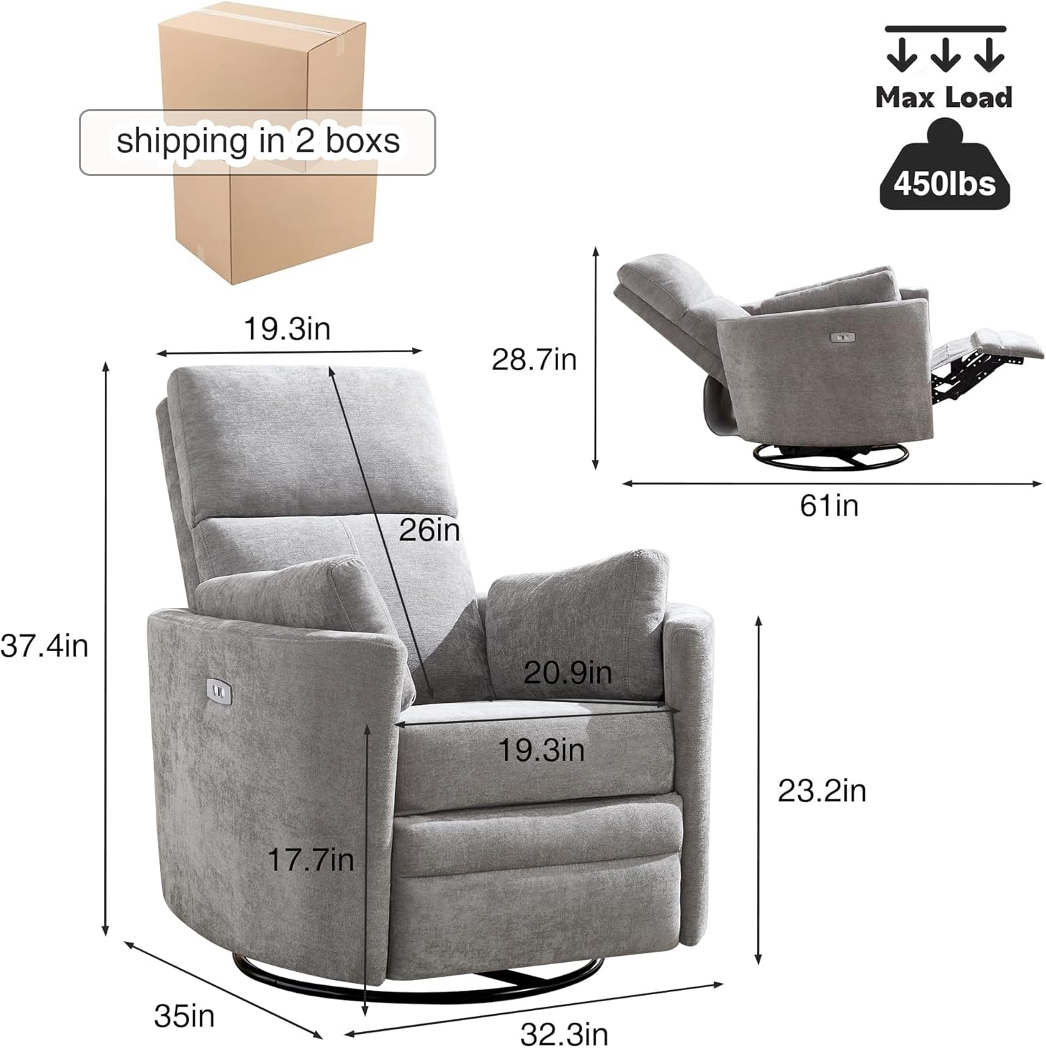 Power Recliner,Nursery Swivel Glider Rocking Chair with USB Port,Upholstered Adult Recliner Nursery Rocker Chair with 2 Pillows for Living Room Bedroom Nursery(Lightgrey, Power-Driven)