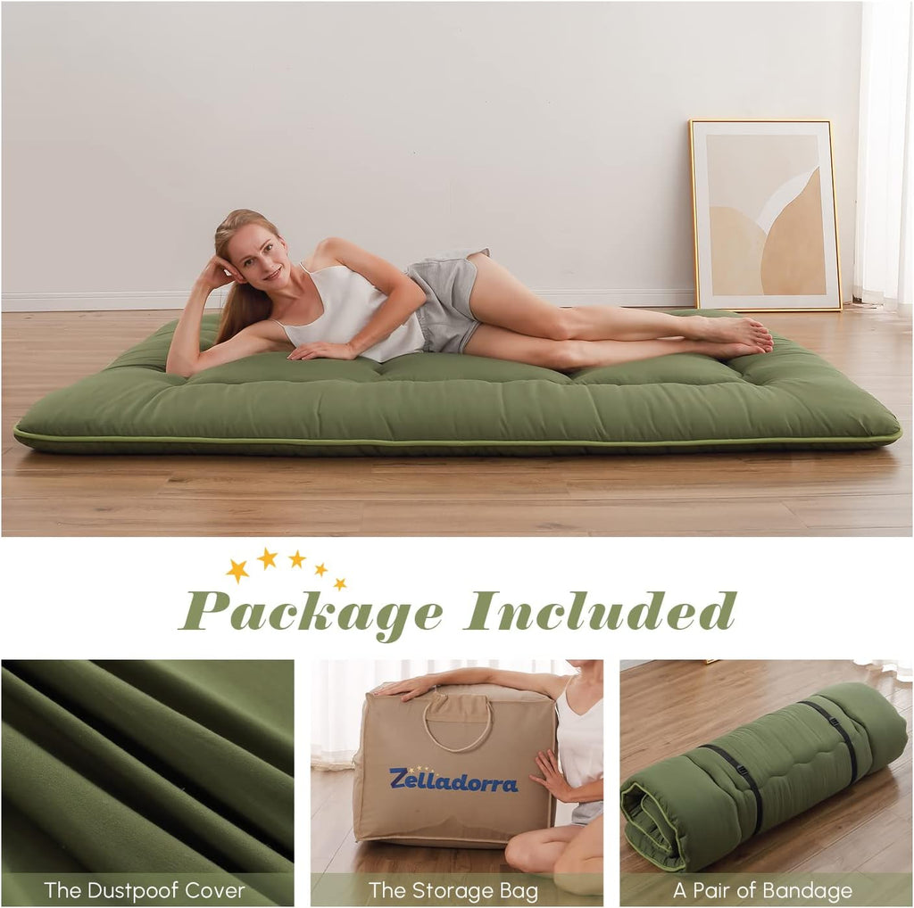 Zelladorra Japanese Floor Mattress, Futon Mattress with Portable Storage Bag and Washable Cover, Roll Up Thick Tatami Mat Suitable for Camping, Guest Room, Green, Twin