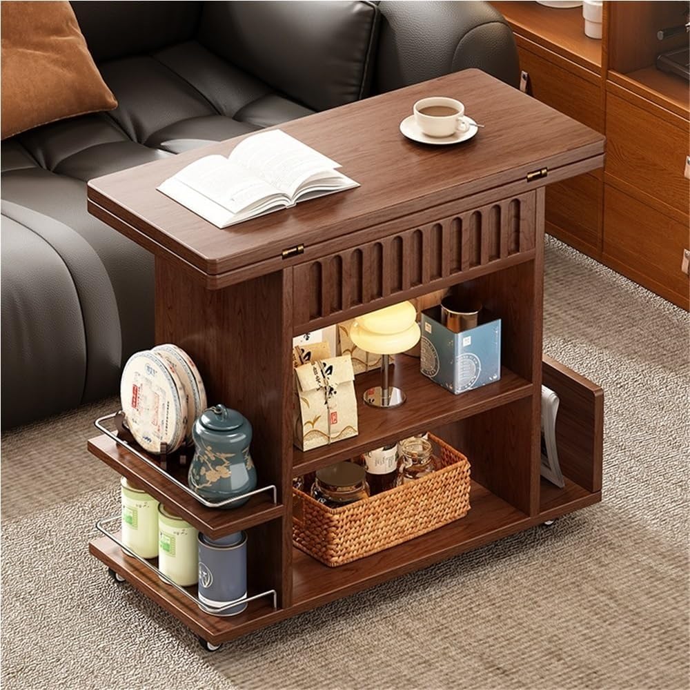 Wooden Side Table with Wheels, Large Capacity Storage End Table, 3 Tier Rolling Cart, Small Couch Table Suitable for Balcony, Living Room and Bedroom