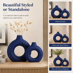 Navy Blue Ceramics Vase for Home Decor,Minimalist Nordic Hollow Donut Vase Set of 2,Modern Navy Blue Decor for Kitchen Table Centerpiece,Living Room,Fire Place,Bookshelf,Office,Entryway,Console