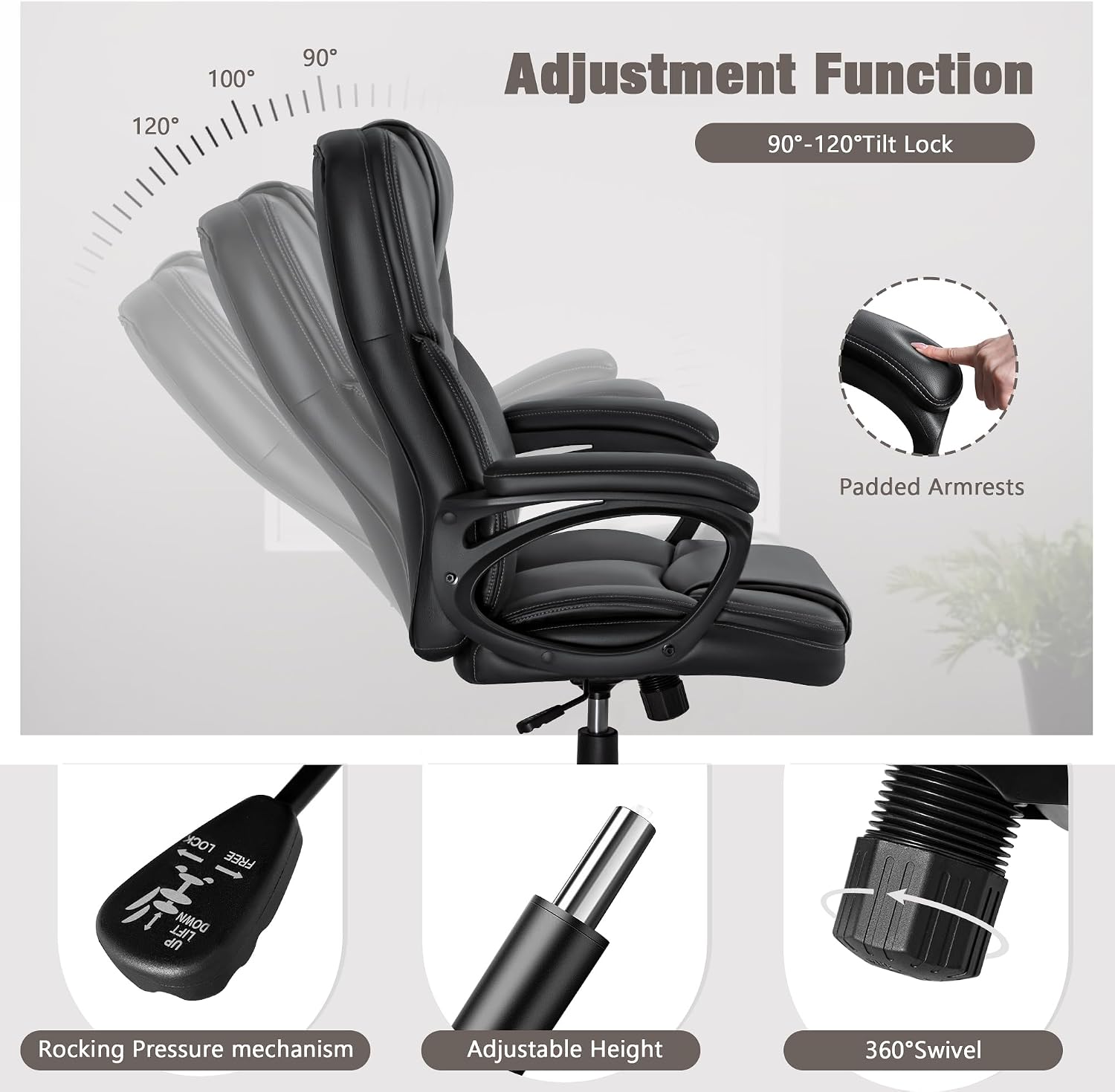 JUMMICO Executive Office Chair High Back Managerial Home Desk Chair, Adjustable Swivel Computer PU Leather Chair with Lumbar Support (Black)