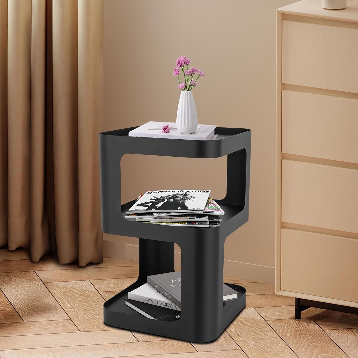 3 Tier Side Table, Black Carbon Steel End Table, Freestanding Modern Bedside Table for Living Room, Bedroom, Office, Sofa Side and Small Spaces