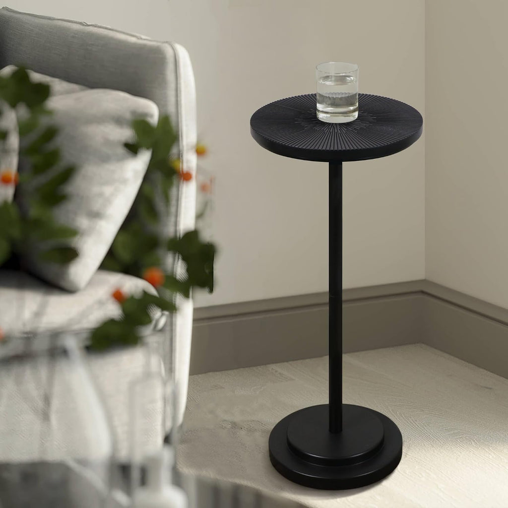 COVLON Drink Table, Carved Table Top Martini Table, Small Side Table, Weighted Base Pedestal Table for Living Room, Bedroom, Small Space, Modern, Black