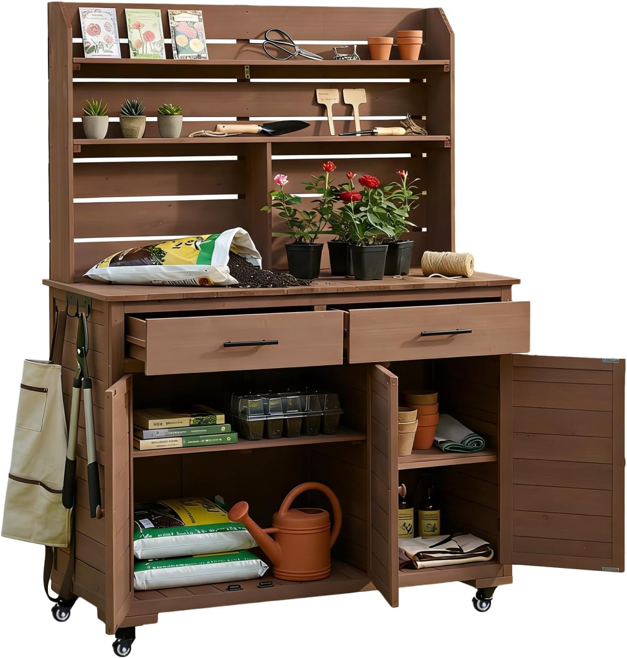 Large Garden Potting Bench with Storage Cabinet and Hutch Top