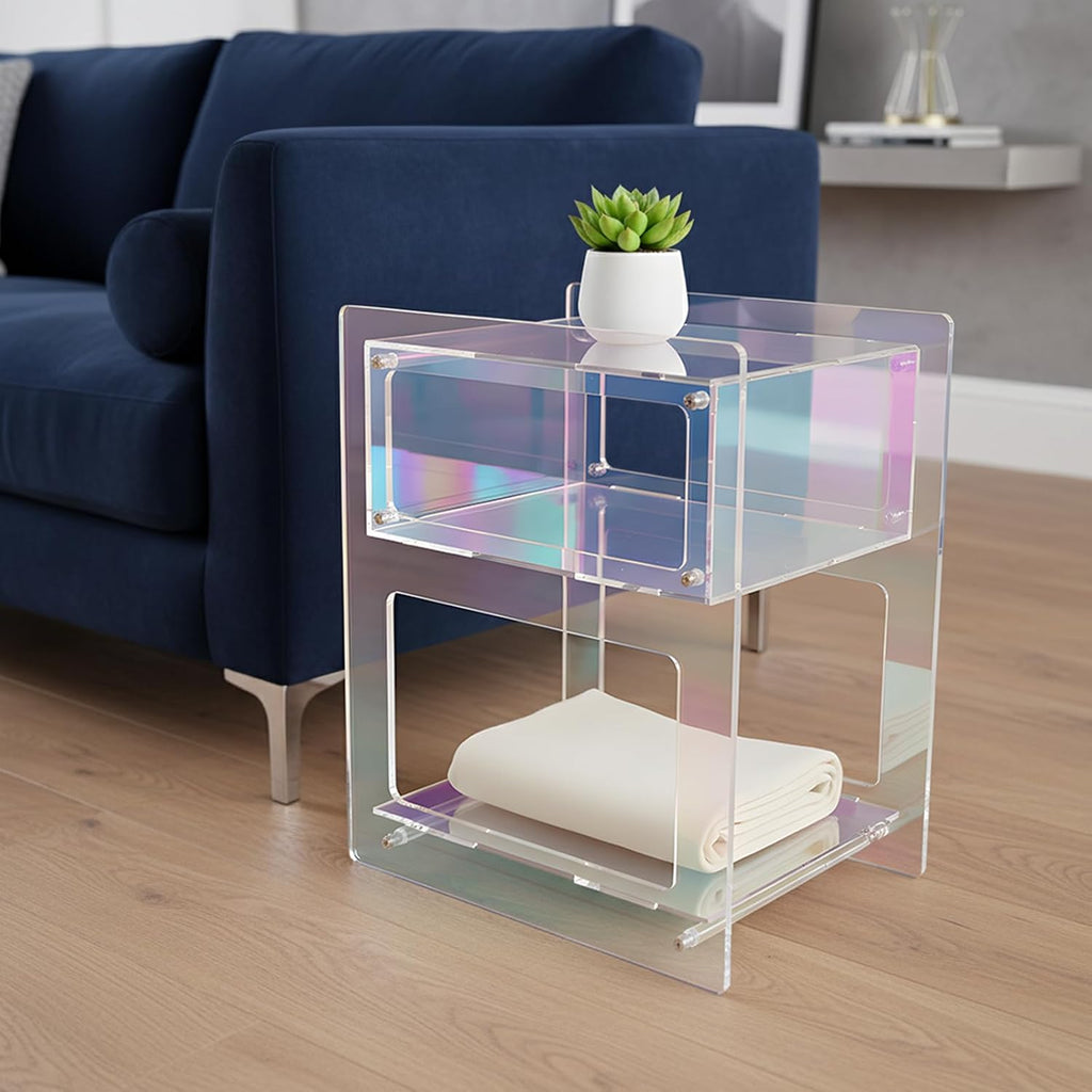 Acrylic Side Table Cabinet, End Table Record Player Table with Storage Shelf, Clear Side Table Nightstand for Living Rooms Bedrooms Offices, Etc (Colorful)