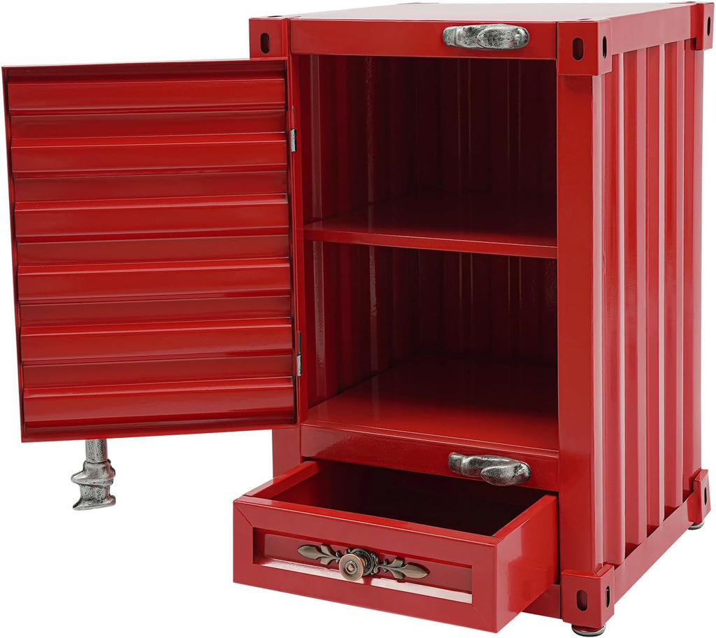 Industrial Metal Container Side Table 3-Tier Iron Cabinet with Drawer and Password Lock, Floorstanding Bedside Table for Bedroom, Living Room, Bar, Garage, Office, 32x32x50cm (Red)
