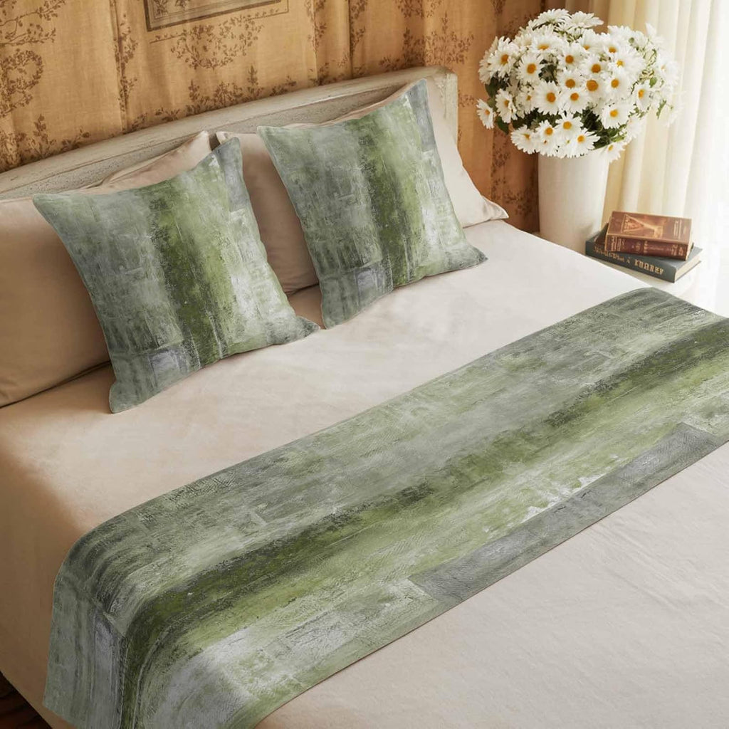 Bed Runner for King Size Bed, Sage Green Decorative Beds Runners and 2 Matching Pillow Covers Set, Retro Oil Painting Modern Abstract Art Aesthetics Beds Scarf Throw for Foot of Bedding Set for Hotel