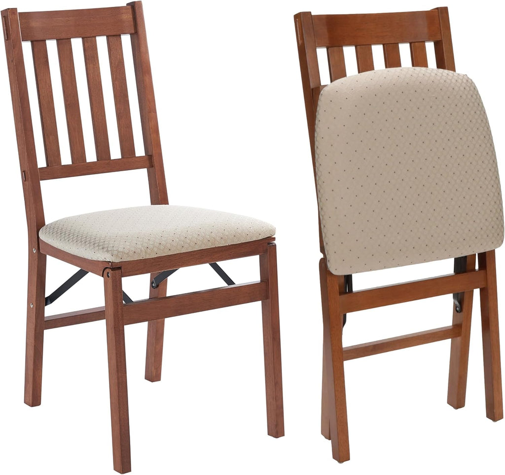 Stakmore Arts and Crafts Wooden Folding Chairs with Padded Seats, Set of 2 - No Assembly Foldable Dining Chairs, Steel Folding Mechanism, Upholstered Cushion, Space-Saving, Fruitwood Frame