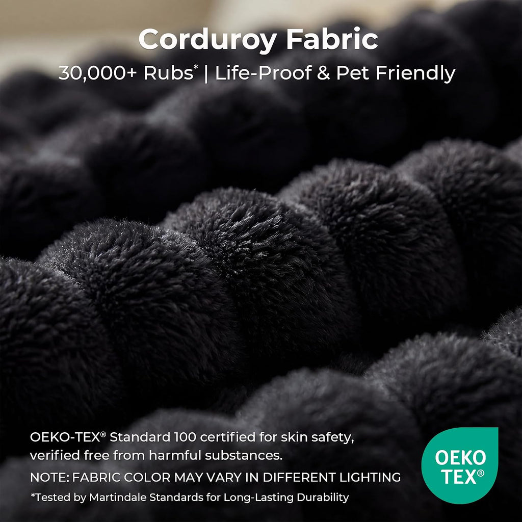 LIKIMIO Liorin Plush 71" Boneless Loveseat Sofa Black Corduroy No Assembly | 2 Seater | High-Density Foam | 25.6" Deep Seat | 17.3" High Seat | Sofa in a Box | Ideal for Apartment/Living room