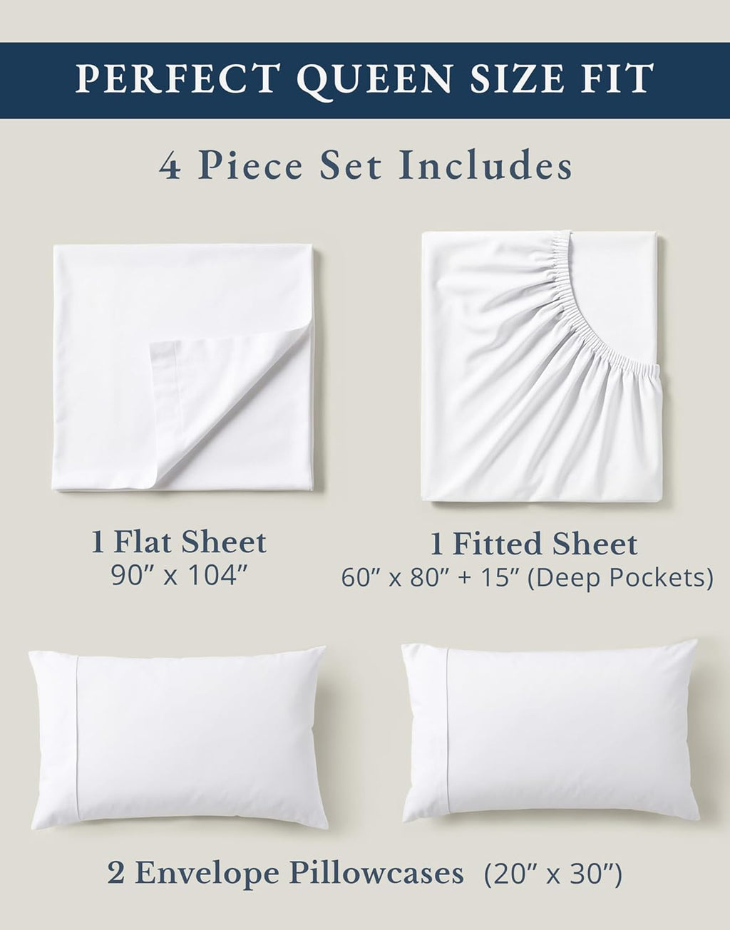 LANE LINEN Queen Sheets 100% Organic Cotton GOTS Certified Percale Weave Deep Pocket 4 Piece Soft Breathable Cooling Lightweight All Season Machine Washable Crisp - White