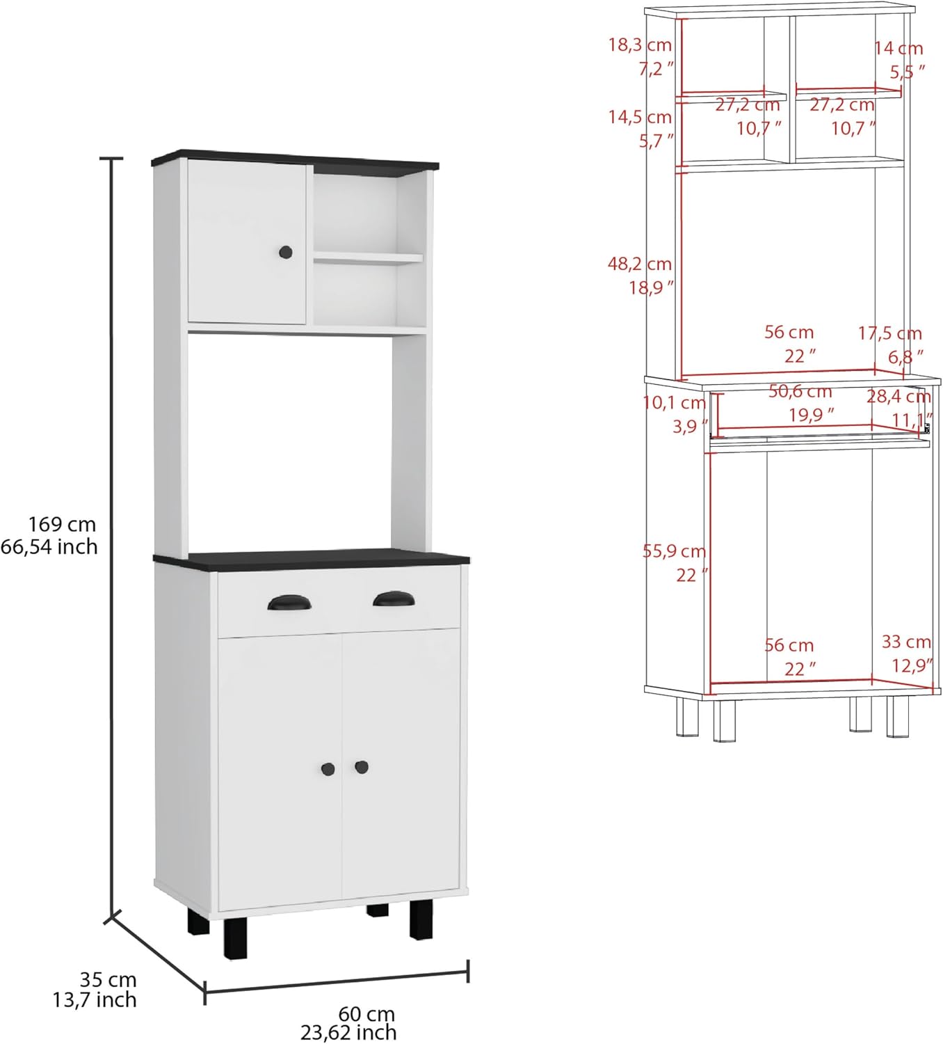23.6"D*13.7"W*90"H Freestanding Storage Cabinet with Drawer & 2 Open Shelves, Top Single Door & Lower Double Door, Black Legs, Rectangular Kitchen Pantry, for Living Room, Dining Room, White