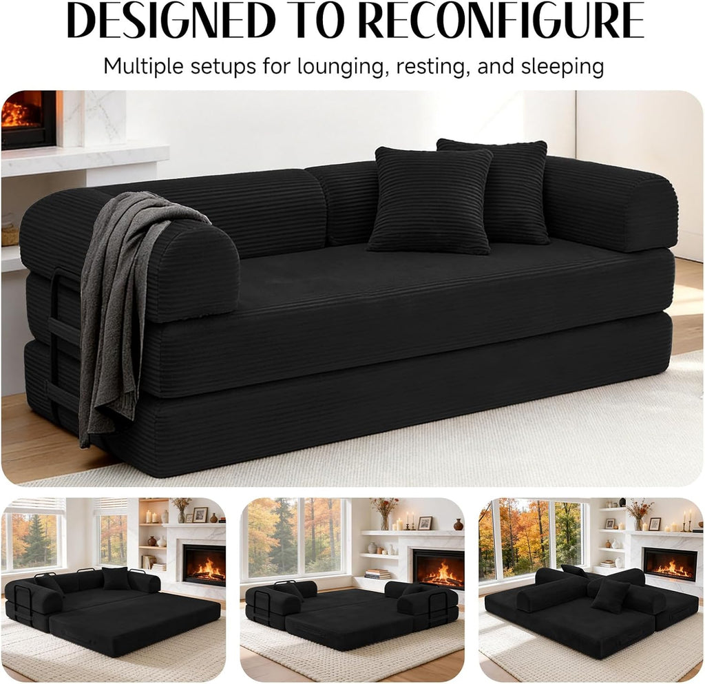 79'' Convertible Sofa Bed, Boneless Couch-in-a-Box, Corduroy Floor Futon Loveseat Sleeper, 26'' Deep Seat, Removable Machine-Wash Covers, No Assembly, 2 Pillows, Black