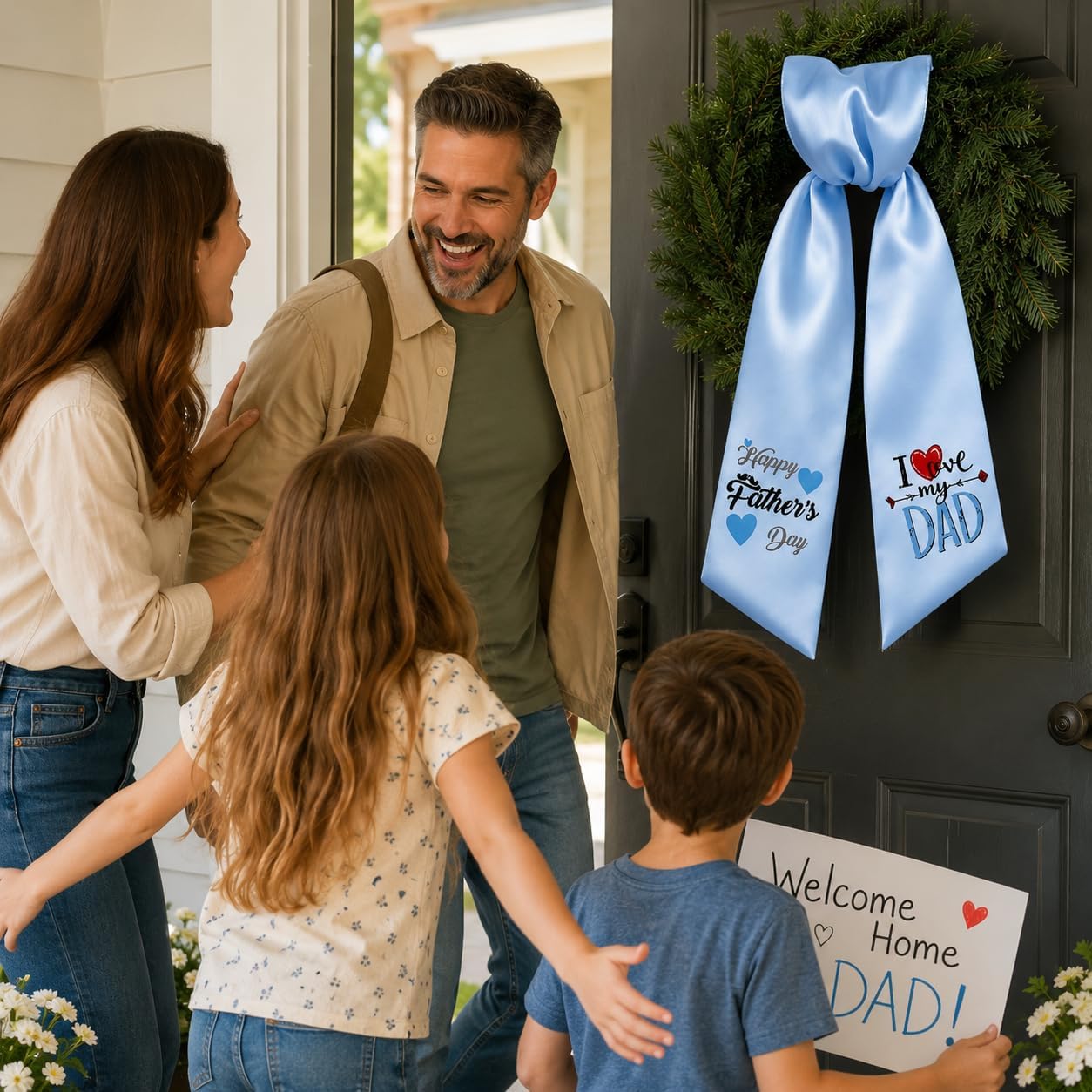 Father's Day Wreath Sash for Front Door, 4.5 x 56 Inch Blue Satin Ribbon with Happy Father's Day I Love My Dad Design, Garland Accessory for Porch Home Decor