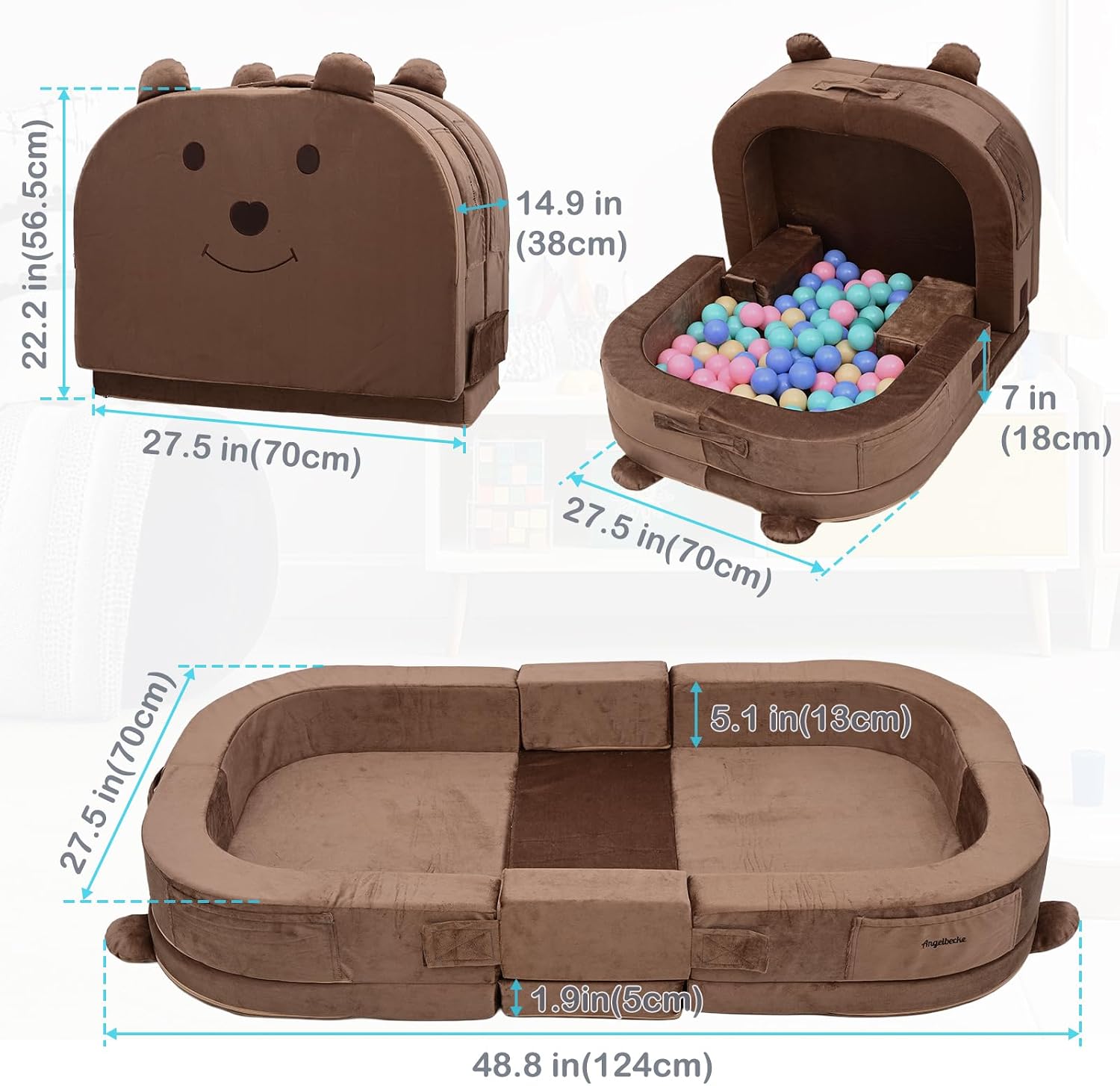 Toddler Travel Bed,Toddler Play Mat,Foldable&Portable Kids Floor Sofa with Removable Pillow,28D High-Density Sponge,Bear-Shaped 2-in-1 Activity Center for Reading, Playing,Little Sofa at Home
