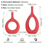 Red Ceramic Hollow Elliptical Vase Set of 2 - Boho Circle Vase with Hole, for Modern Red Table Decor, Living Room Decor Shelf mid Century Modern Home Entrance Decorative vase
