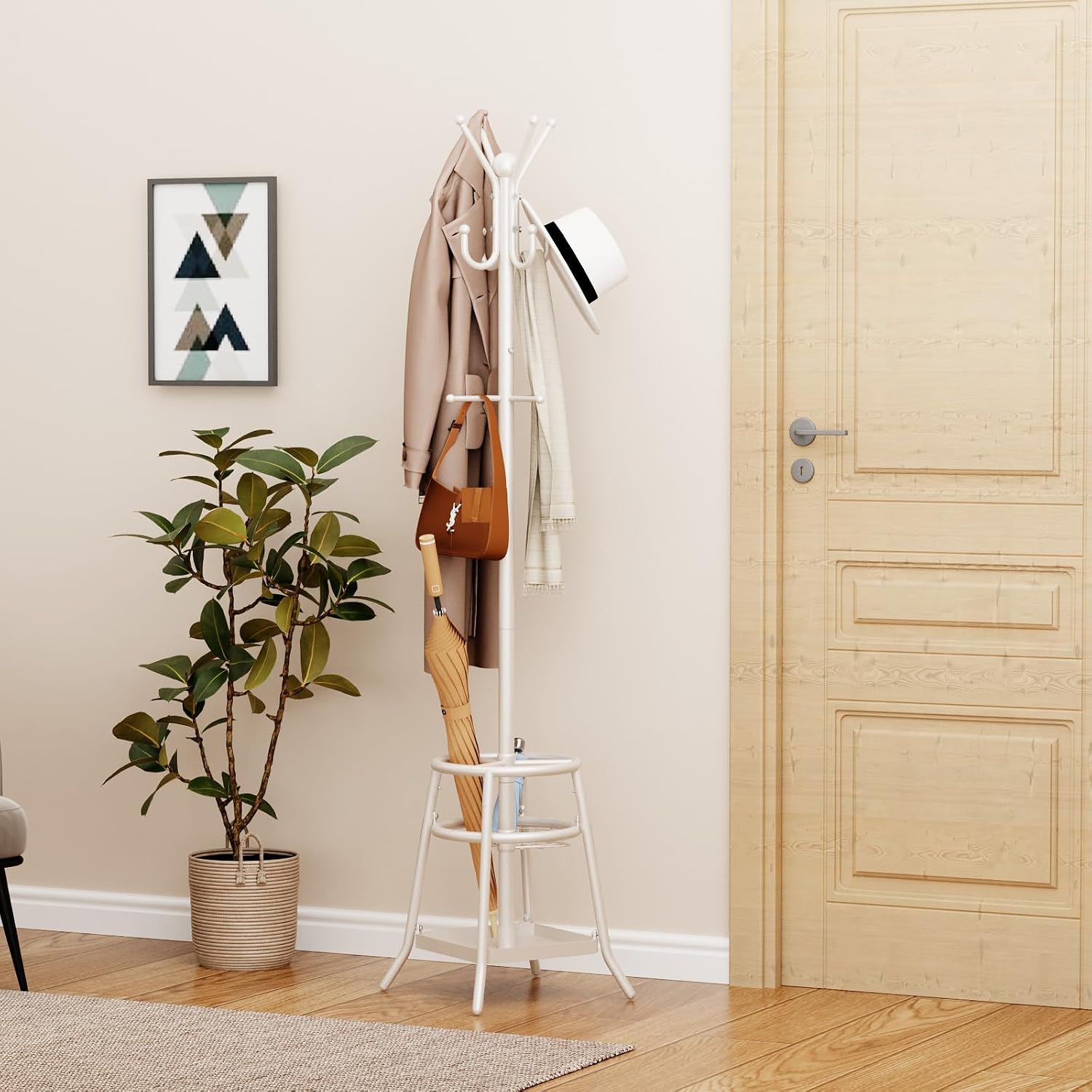 Heavy Duty Freestanding Coat Rack with 12 Hooks & Umbrella Holder - White Metal Clothes Hat Sturdy Standing Hall Tree for Entryway, Living Room, Bedroom, Office Organization (White)