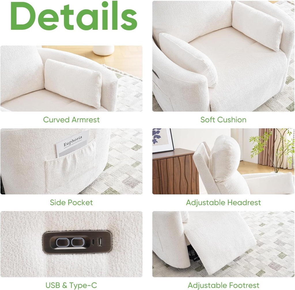 Oversized Power Recliner with Massage and Heat, Swivel Rocker Recliner with Adjustable Headrest, Glider Recliner Nursery Chair with 2 Pillows, rocking nursery recliner for Living Room,Chenille White