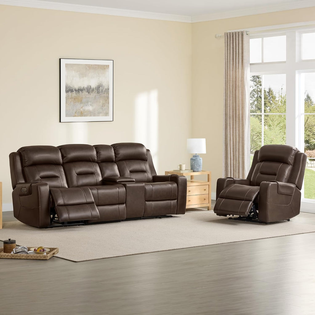 Watson & Whitely Oversized Genuine Leather Power Recliner Chairs for Big and Tall, Extra Wide Lay Flat Recliner with Power Headrest & Cup Holders, Electric Reclining Sofa for Living Room, Dark Brown