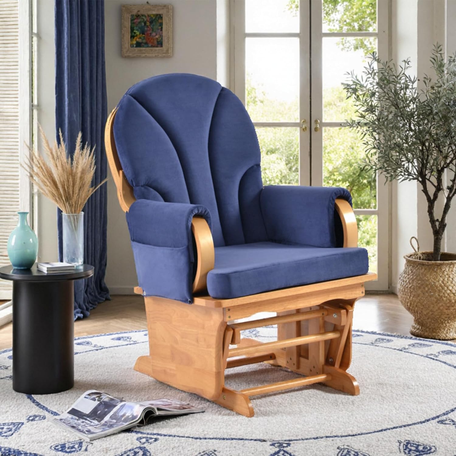 Beech Wood Gliding Rocking Chair for Nursery, Rocking Chair Glider Rocker with Arm Rest, Padded Cushion for Living Room Bedroom Reading Room, 280lbs Weight Capacity, Blue