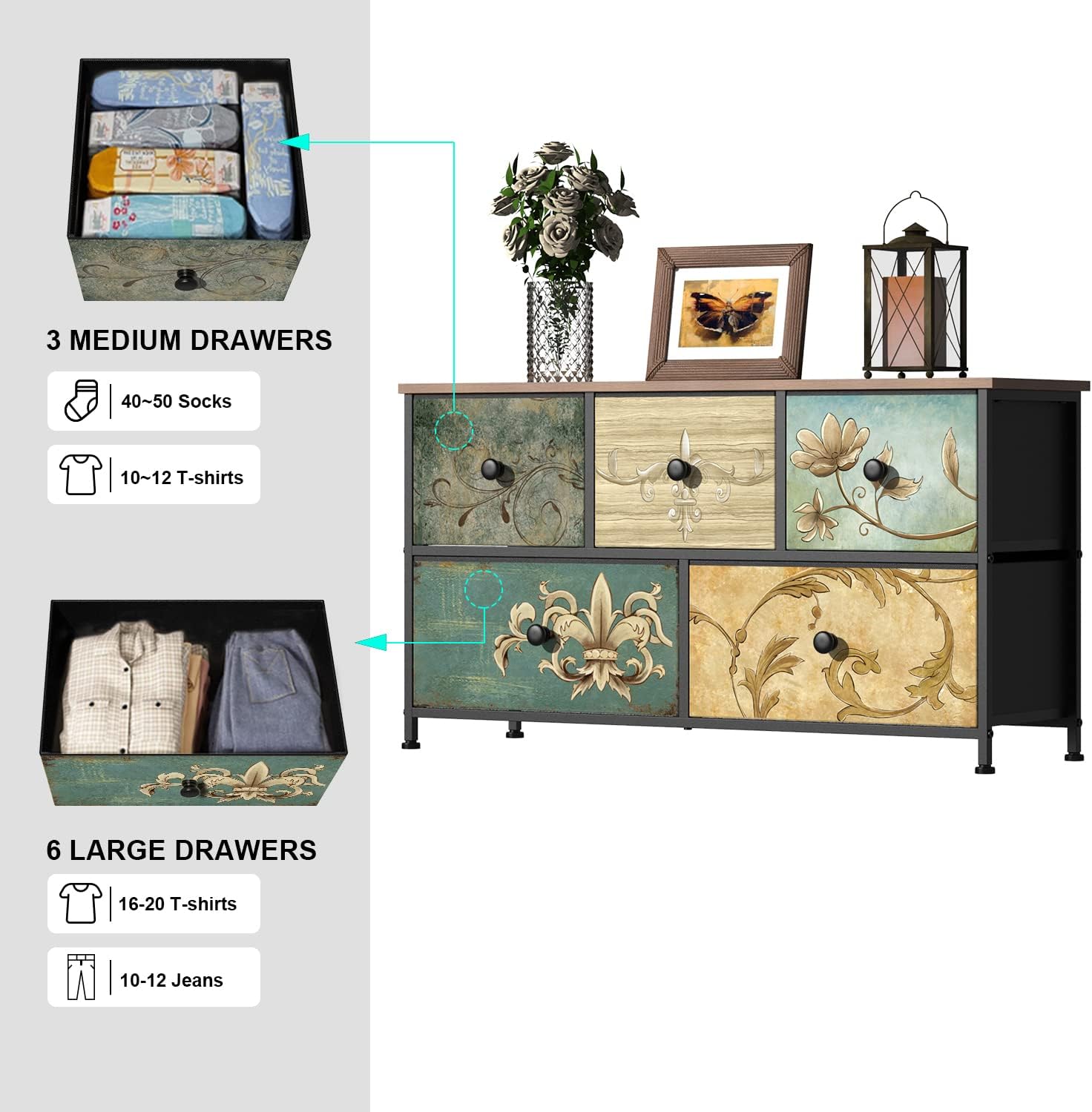 Tohomeor Dresser with Drawers for Bedroom Chest of Drawers Fabric Dresser for Closet,Nursery Entryway Hall Tree TV Stand for Living Room Retro Floral Pattern Drawers Wooden Top (5 Drawers)