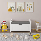 White Toy Storage Bench with Cushion Seat & Bookshelf, Multi-Functional Kids Toy Box Organizer, Flip-Top Lid & Safety Hinge, Large Storage Cabinet for Playroom, Nursery