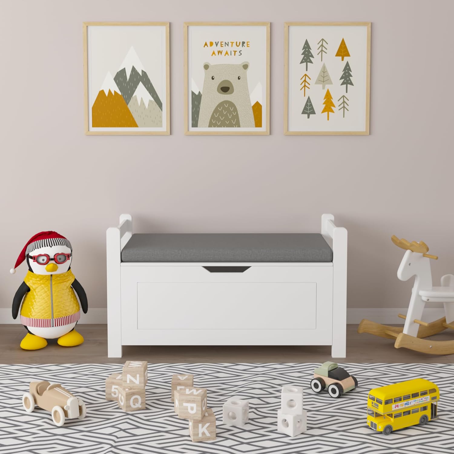 White Toy Storage Bench with Cushion Seat & Bookshelf, Multi-Functional Kids Toy Box Organizer, Flip-Top Lid & Safety Hinge, Large Storage Cabinet for Playroom, Nursery