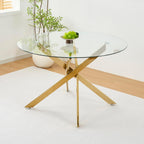 Henf 5 Piece Round Glass Dining Table Set for 4, Modern 47" Round Dining Table & Chair Set Circle Glass Kitchen Table and 4 Velvet Tufted Chairs for Kitchen Dining (Gold Table & Beige Chair)
