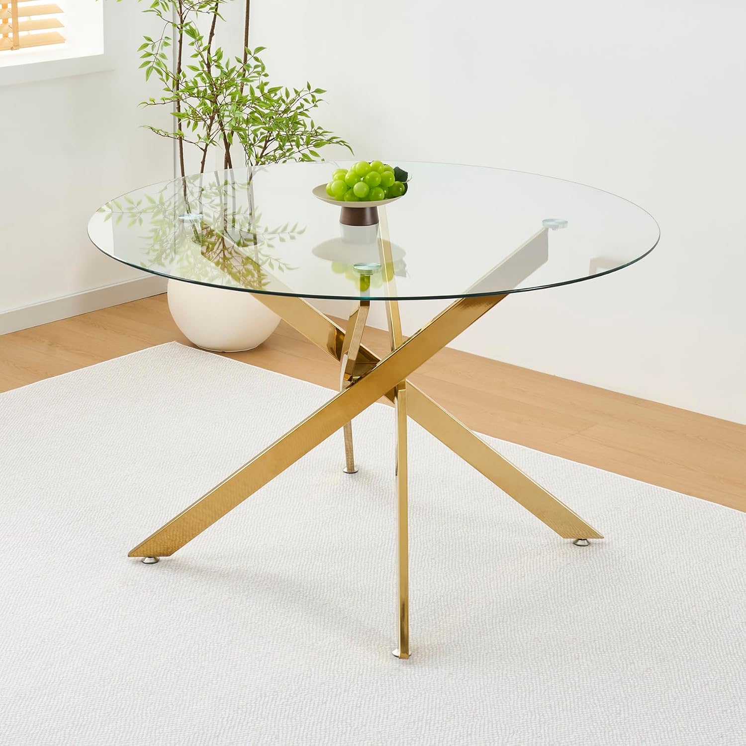 Henf 5 Piece Round Glass Dining Table Set for 4, Modern 47" Round Dining Table & Chair Set Circle Glass Kitchen Table and 4 Velvet Tufted Chairs for Kitchen Dining (Gold Table & Beige Chair)