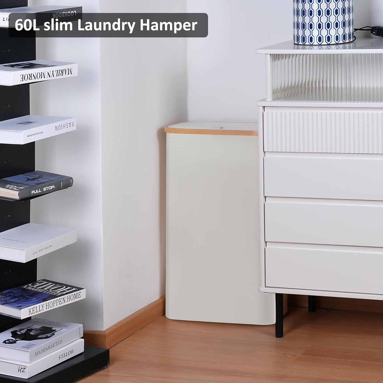 Slim Laundry Hamper,Narrow laundry Hamper with Lid,60L Hamper for Laundry,Dirty Cloth Hamper with Bamboo Handle for Towels, Clothes Organizing,Beige