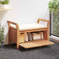 Solid Acacia Wood Garden Storage Bench with Cushion, 35.8 Inch Patio Storage Bench with Curved Arms for Cushions and Blankets