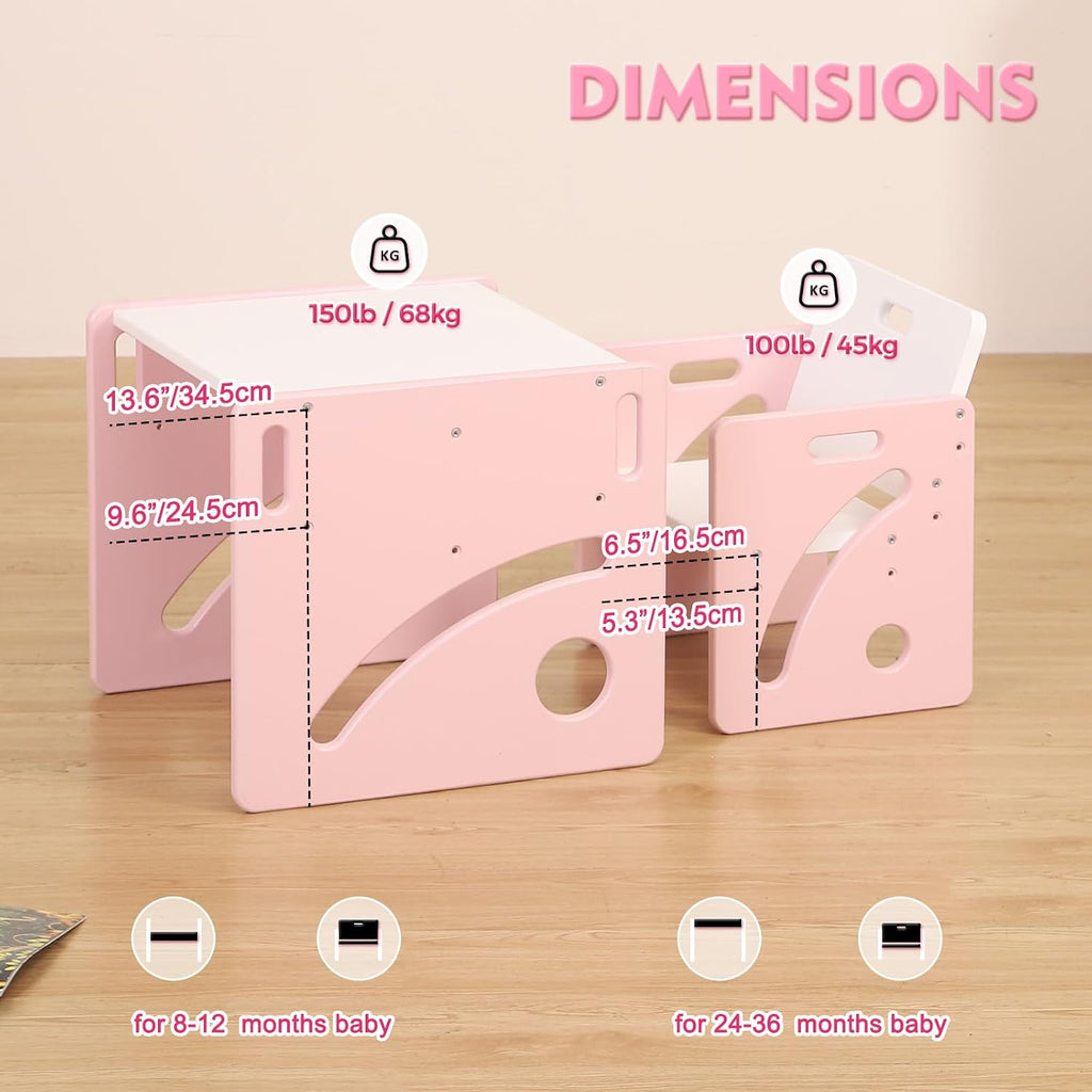 FUNLIO Height Adjustable Toddler Table and Chair Set for Age 1-3, Quality Solid Wood Montessori Table and Chairs, Weaning Baby Table Chair Set, Easy to Assemble, CPC Certified - Pink
