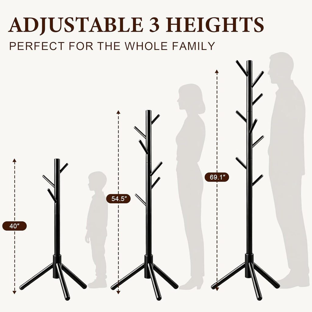 Wooden Coat Rack Freestanding with 8 Hooks & 3 Adjustable Sizes for Clothes, Space-Saving Design for Bedroom Office Entrance Holds Hats Coats Scarves Bags