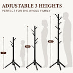 Wooden Coat Rack Freestanding with 8 Hooks & 3 Adjustable Sizes for Clothes, Space-Saving Design for Bedroom Office Entrance Holds Hats Coats Scarves Bags
